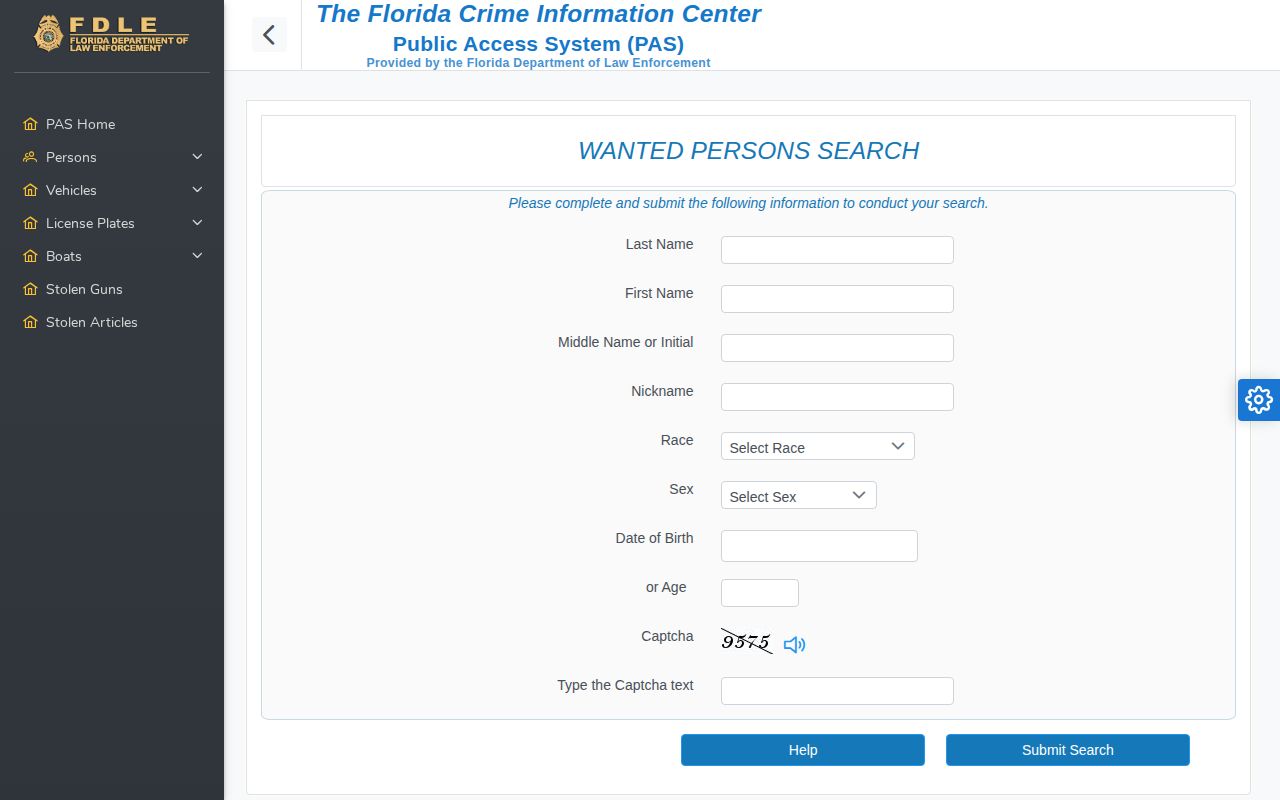 FDLE Wanted Persons Search fields and verification controls