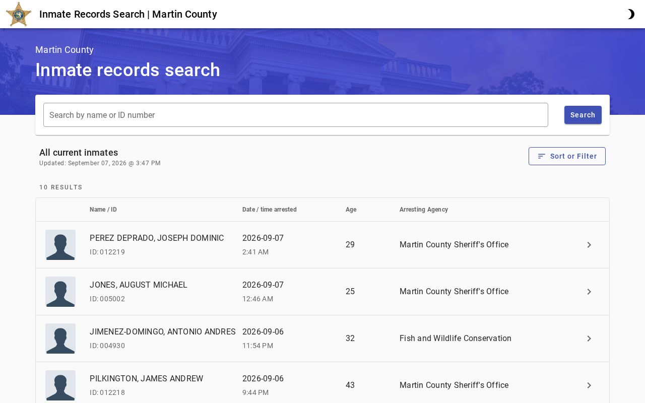 Official-linked Martin County current custody search interface with search controls