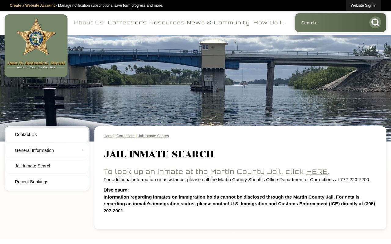 Martin County Sheriff Jail Inmate Search page describing current inmate arrest information and photographs