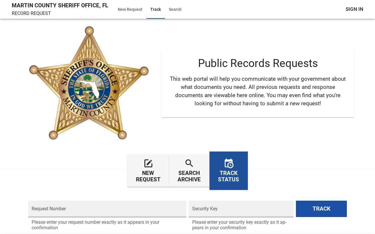 Martin County Sheriff public records portal request type and tracking interface