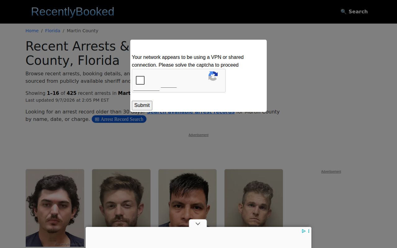 Unofficial Martin County multi-day arrest index disclaimer