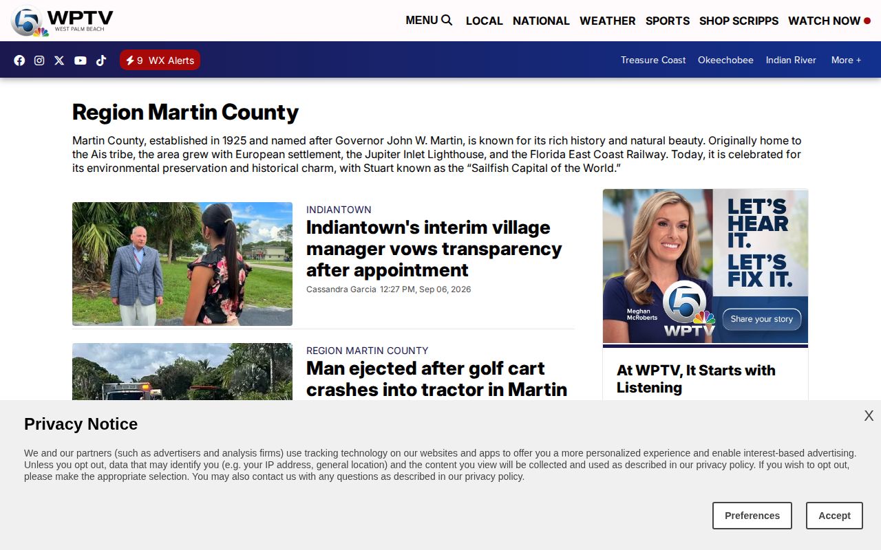 WPTV Martin County regional news page showing selective local coverage